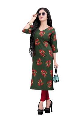 Women's Green colour Printed Straight Cut Crepe Kurti 5