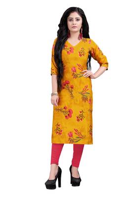 Women's Yellow colour Printed Straight Cut Crepe Kurti 1
