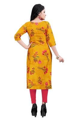 Women's Yellow colour Printed Straight Cut Crepe Kurti 2
