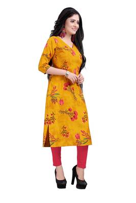 Women's Yellow colour Printed Straight Cut Crepe Kurti 3