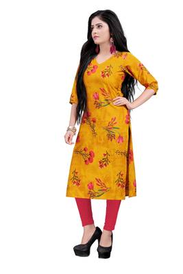 Women's Yellow colour Printed Straight Cut Crepe Kurti 4