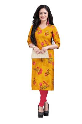Women's Yellow colour Printed Straight Cut Crepe Kurti 5