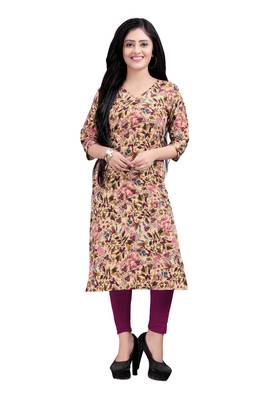 Women's Beige colour Printed Straight Cut Crepe Kurti 1
