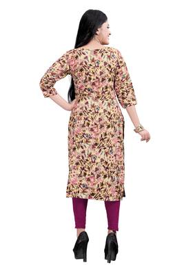 Women's Beige colour Printed Straight Cut Crepe Kurti 2