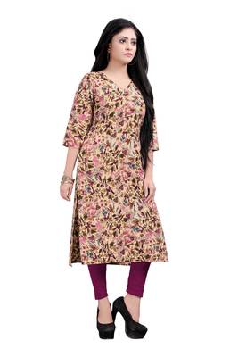 Women's Beige colour Printed Straight Cut Crepe Kurti 3
