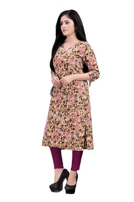 Women's Beige colour Printed Straight Cut Crepe Kurti 4
