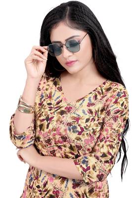 Women's Beige colour Printed Straight Cut Crepe Kurti 5