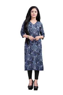 Women's Navy blue colour Printed Straight Cut Crepe Kurti 1