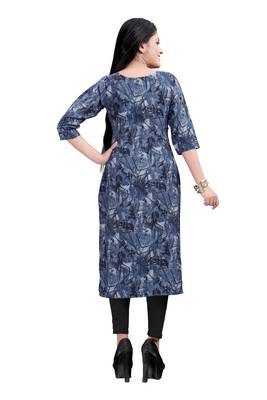 Women's Navy blue colour Printed Straight Cut Crepe Kurti 2