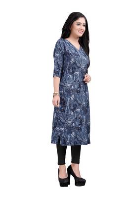 Women's Navy blue colour Printed Straight Cut Crepe Kurti 3