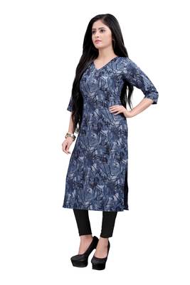 Women's Navy blue colour Printed Straight Cut Crepe Kurti 4