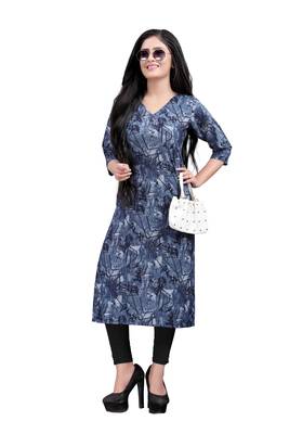 Women's Navy blue colour Printed Straight Cut Crepe Kurti 5