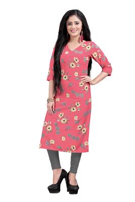 Women's Pink colour Printed Straight Cut Crepe Kurti 1
