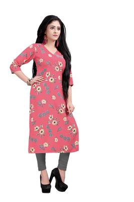 Women's Pink colour Printed Straight Cut Crepe Kurti 3