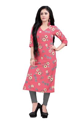 Women's Pink colour Printed Straight Cut Crepe Kurti 4