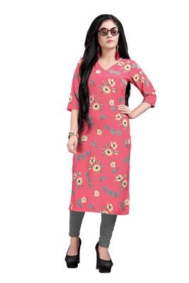 Women's Pink colour Printed Straight Cut Crepe Kurti 5