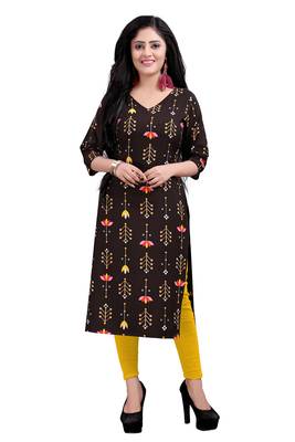 Women's Brown colour Printed Straight Cut Crepe Kurti 1