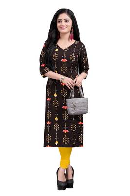 Women's Brown colour Printed Straight Cut Crepe Kurti 5