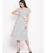 womens crepe black and white polka dot overlapping dress with belt at waist