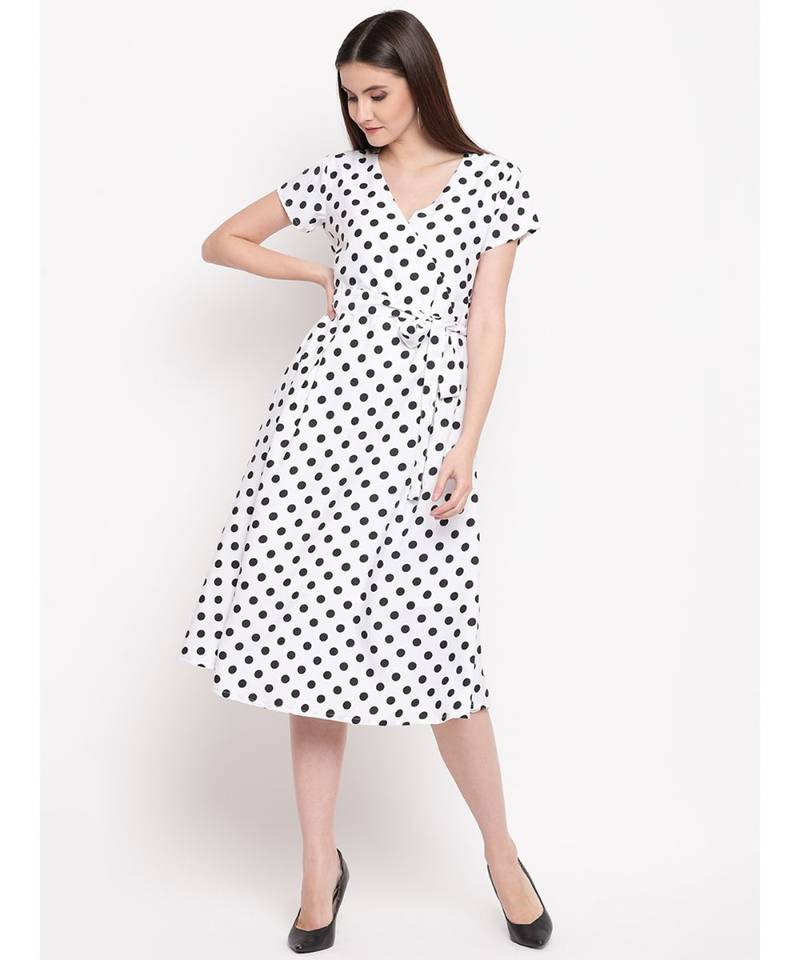 womens crepe black and white polka dot overlapping dress with belt at waist