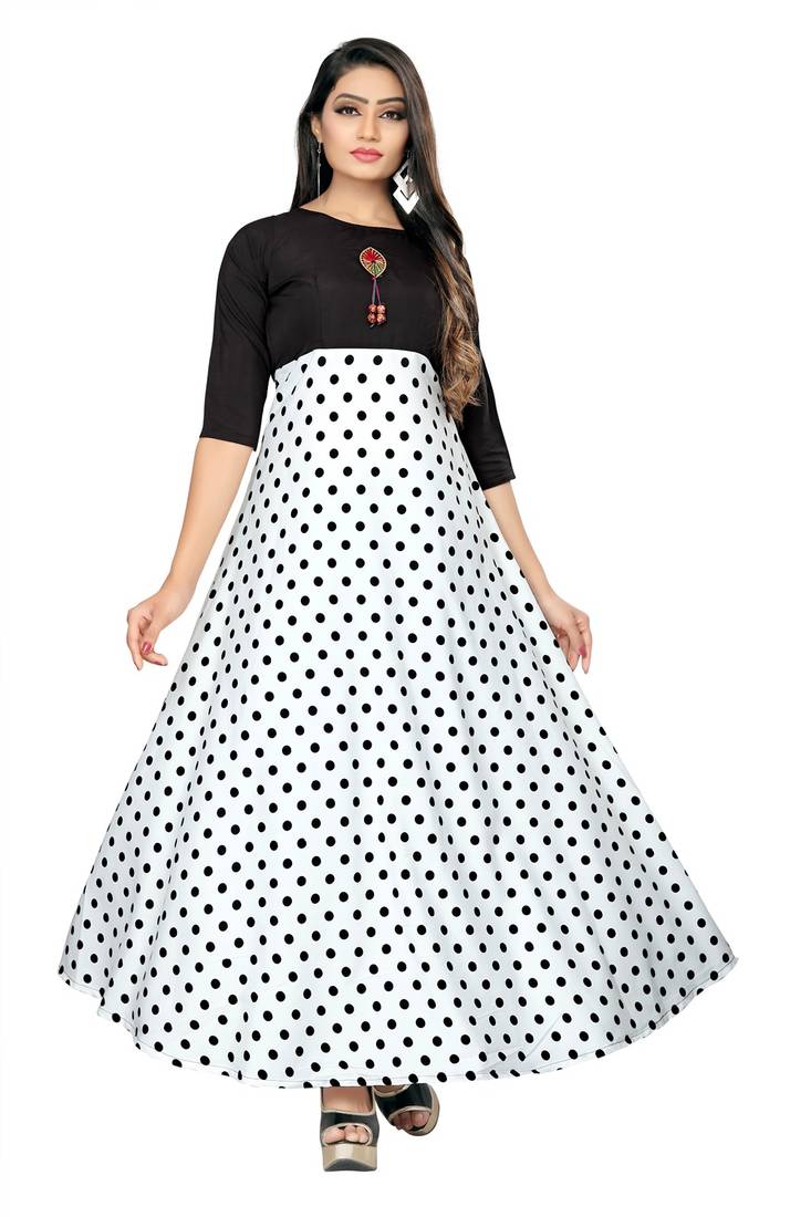 Women's Crepe White Color Printed 3/4 Sleeve Maxi Gown