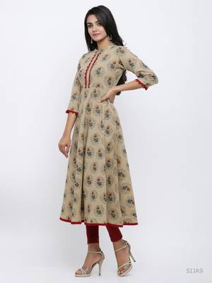 Women'S Cotton Blend Floral Print Anarkali Kurta (Beige) 1