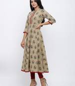 Women'S Cotton Blend Floral Print Anarkali Kurta (Beige)