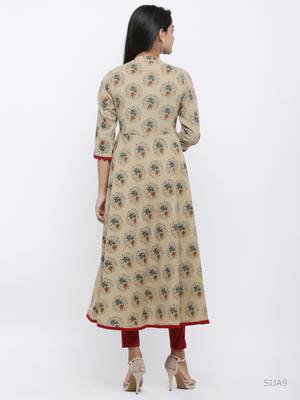 Women'S Cotton Blend Floral Print Anarkali Kurta (Beige) 2