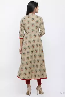 Women'S Cotton Blend Floral Print Anarkali Kurta (Beige)