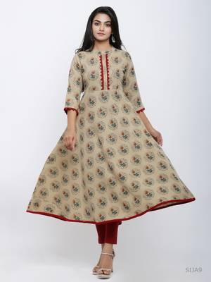 Women'S Cotton Blend Floral Print Anarkali Kurta (Beige) 3