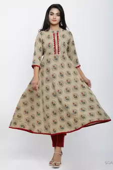 Women'S Cotton Blend Floral Print Anarkali Kurta (Beige)