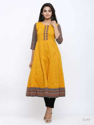 Women'S Cotton Geometric Print Anarkali Kurta (Mustard) 1