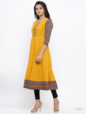 Women'S Cotton Geometric Print Anarkali Kurta (Mustard) 2