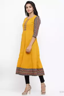 Women'S Cotton Geometric Print Anarkali Kurta (Mustard)