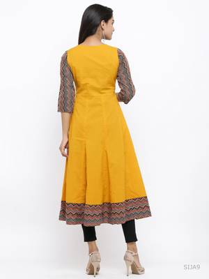Women'S Cotton Geometric Print Anarkali Kurta (Mustard) 3