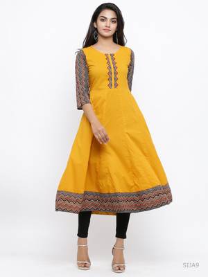 Women'S Cotton Geometric Print Anarkali Kurta (Mustard) 4