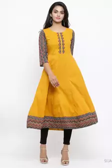 Women'S Cotton Geometric Print Anarkali Kurta (Mustard)