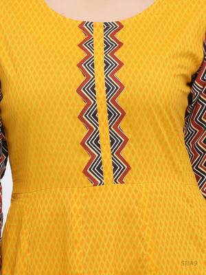 Women'S Cotton Geometric Print Anarkali Kurta (Mustard) 5