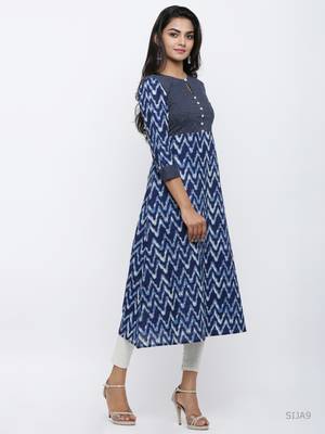 Women'S Cotton Chevron Print Kaantha Work A-Line Kurta (Blue) 1
