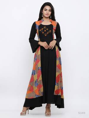 Women'S Rayon Geometric Print Embroidered Anarkali Kurta (Black) 1