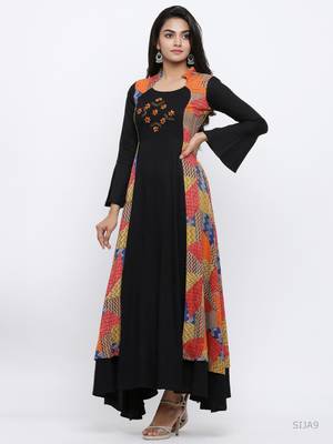 Women'S Rayon Geometric Print Embroidered Anarkali Kurta (Black) 2