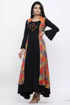 Women'S Rayon Geometric Print Embroidered Anarkali Kurta (Black)