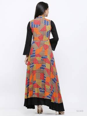 Women'S Rayon Geometric Print Embroidered Anarkali Kurta (Black) 3