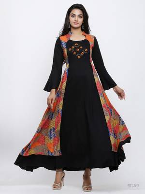 Women'S Rayon Geometric Print Embroidered Anarkali Kurta (Black) 4
