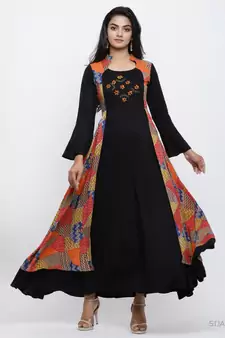 Women'S Rayon Geometric Print Embroidered Anarkali Kurta (Black)