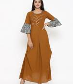 Women'S Cotton Blend Embroidery Kurta (Brown)