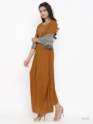 Women'S Cotton Blend Embroidery Kurta (Brown) 2
