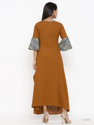 Women'S Cotton Blend Embroidery Kurta (Brown) 3