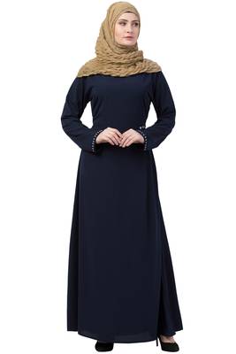 Navy Blue Abaya Side Show Button With Fabric Belt 1