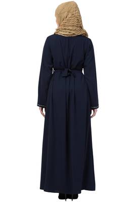 Navy Blue Abaya Side Show Button With Fabric Belt 2